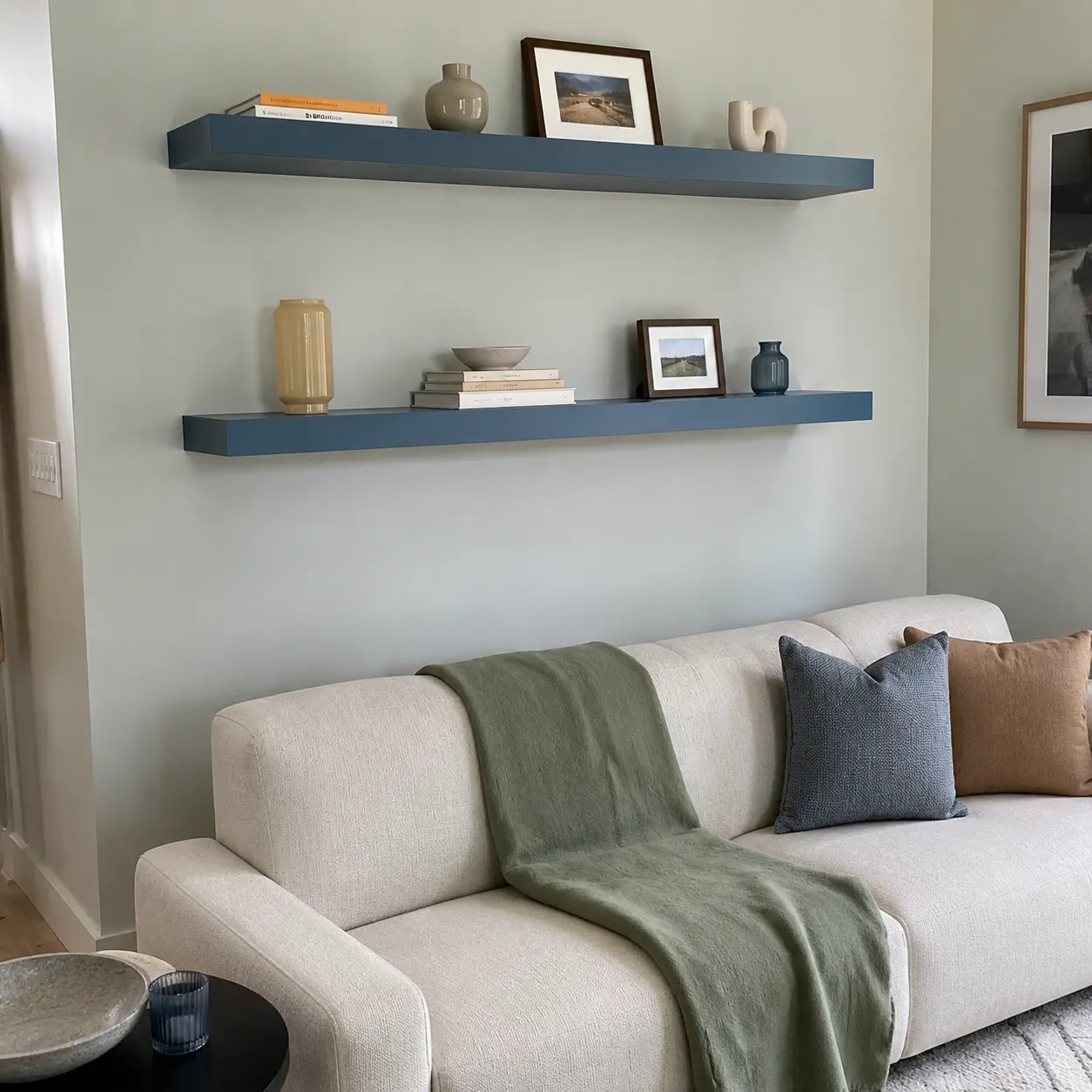 Blue floating shelves displaying a small collection above the sofa