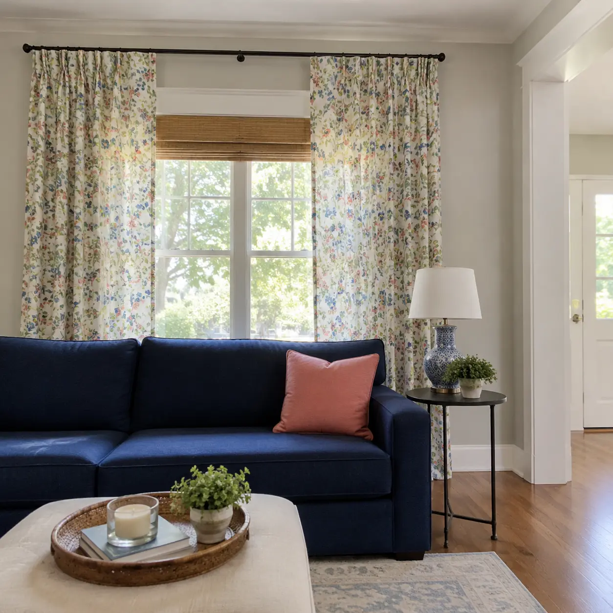 Colorful floral curtains paired with a solid navy sofa