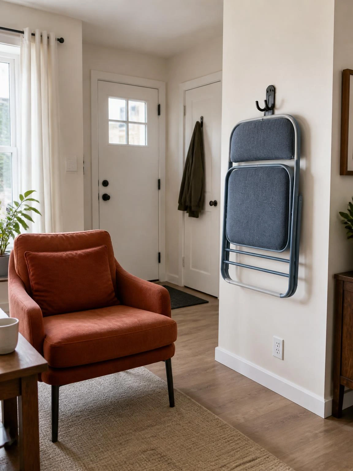 Foldable guest chair on a wall hook near a small living room entry, freeing floor space while staying easy to reach