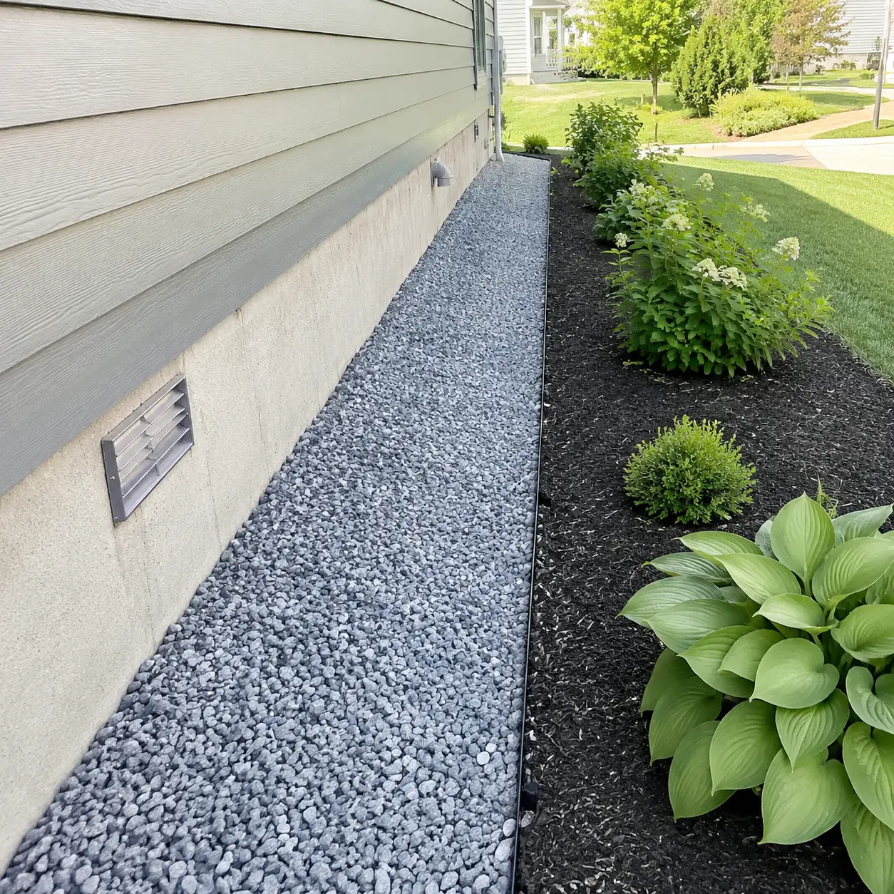 Gravel strip along a house foundation beside a planted garden bed