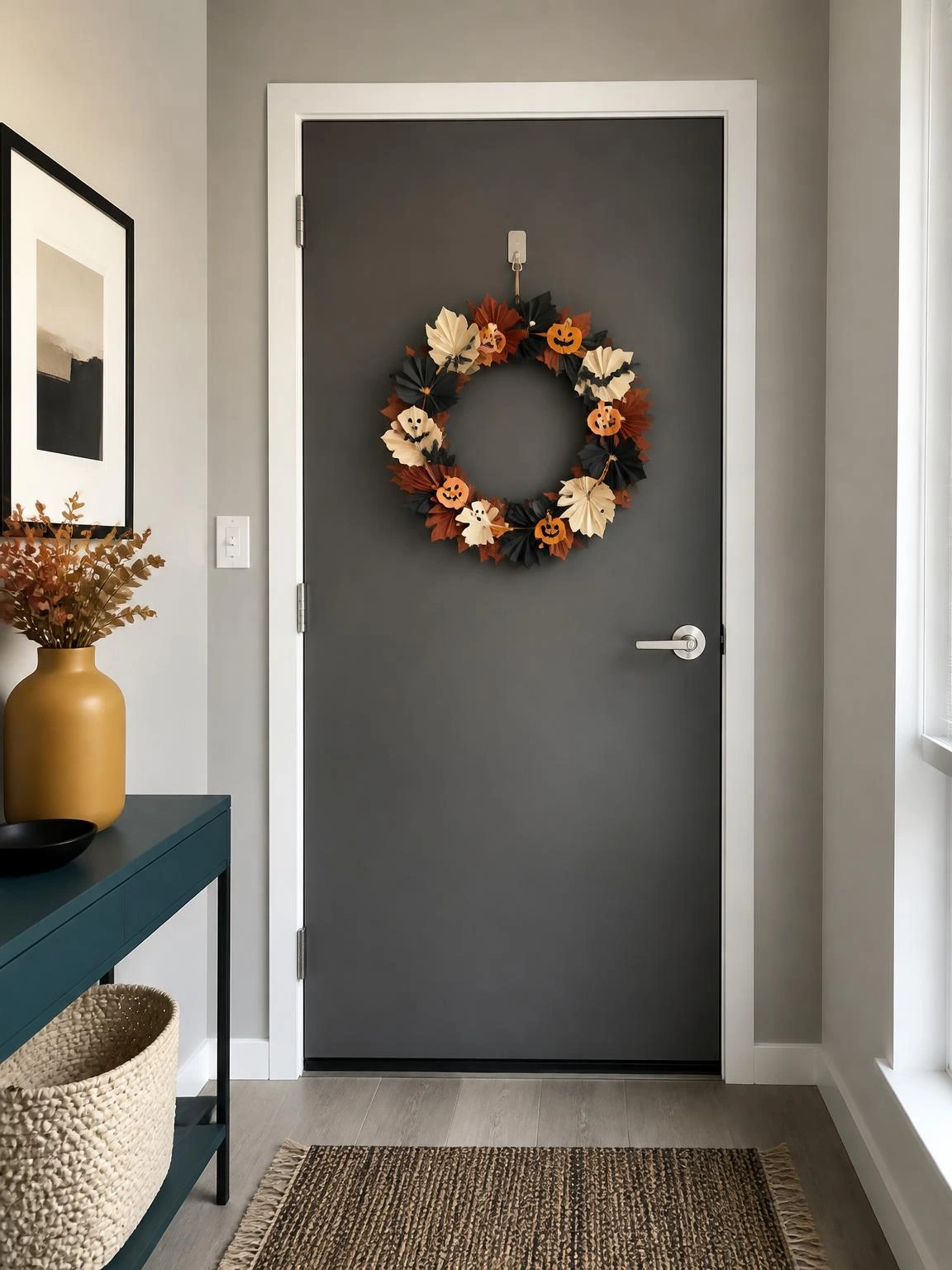 Halloween paper wreath with layered black, ivory, and rust leaves on an apartment door, showing an easy cheap DIY Halloween decoration indoors