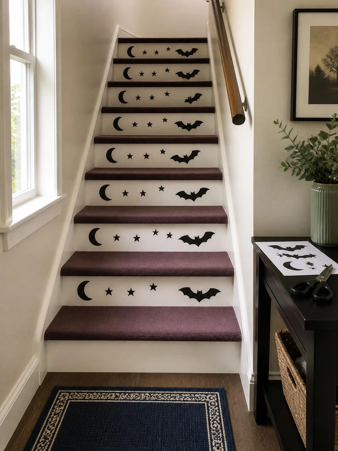 Removable black cardstock moons, stars, and bats decorate stair risers above clear plum treads in this cheap DIY Halloween decorations indoor idea