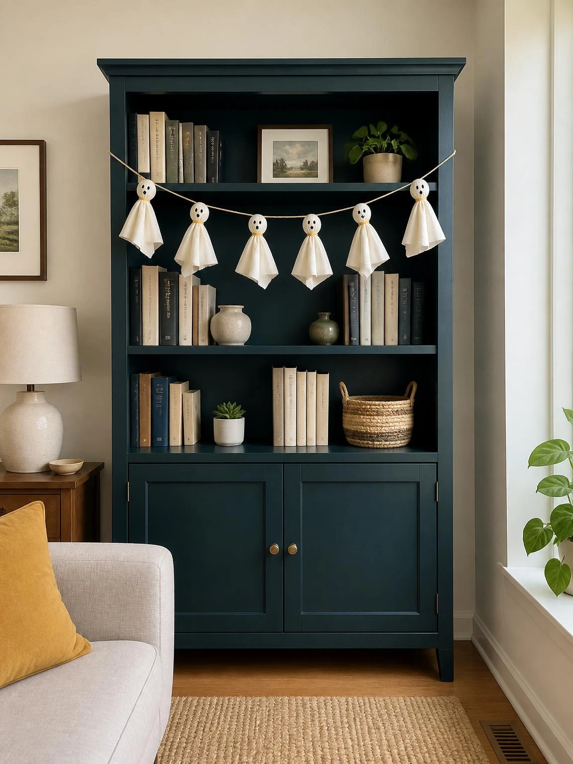 Hanging ghost garland of ivory cotton with charcoal faces and mustard thread decorates a deep-teal bookcase for cheap DIY Halloween decorations indoor