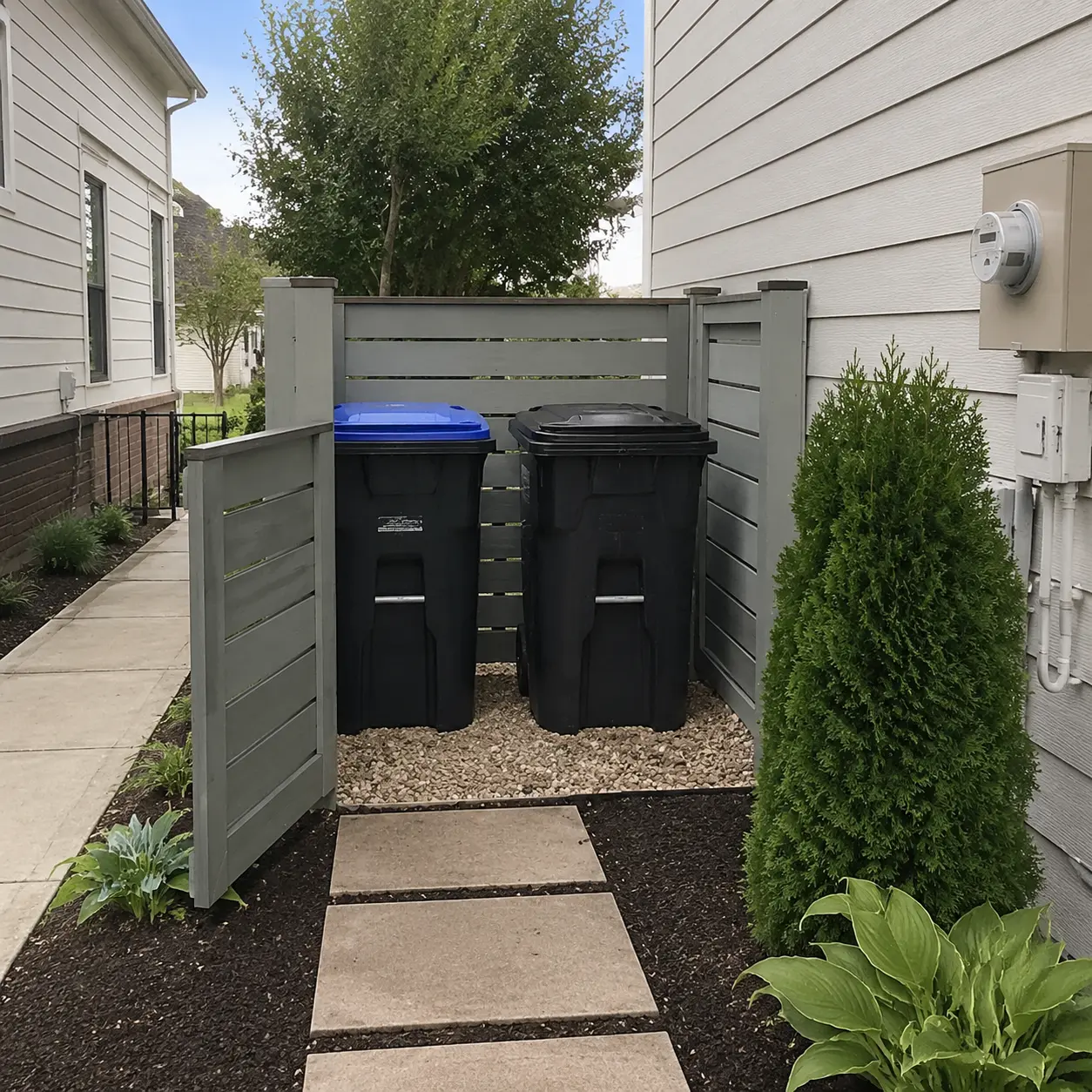 Trash and recycling bins hidden by a slatted side yard screen