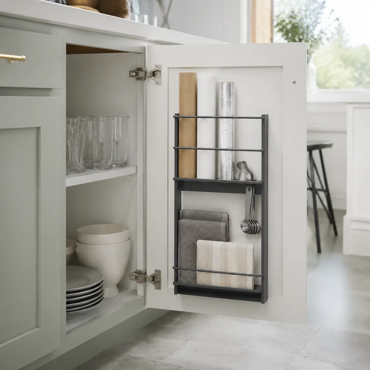 Slim metal organizer mounted inside a kitchen cabinet door