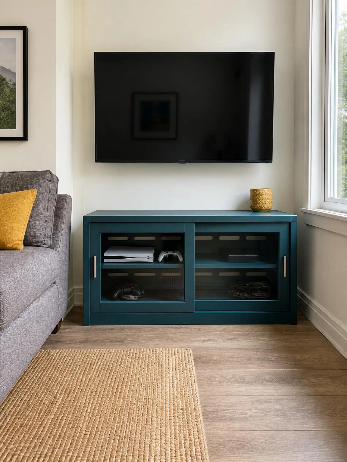 Compact teal media cabinet with sliding glass doors stores electronics beneath a wall-mounted TV in a small living room