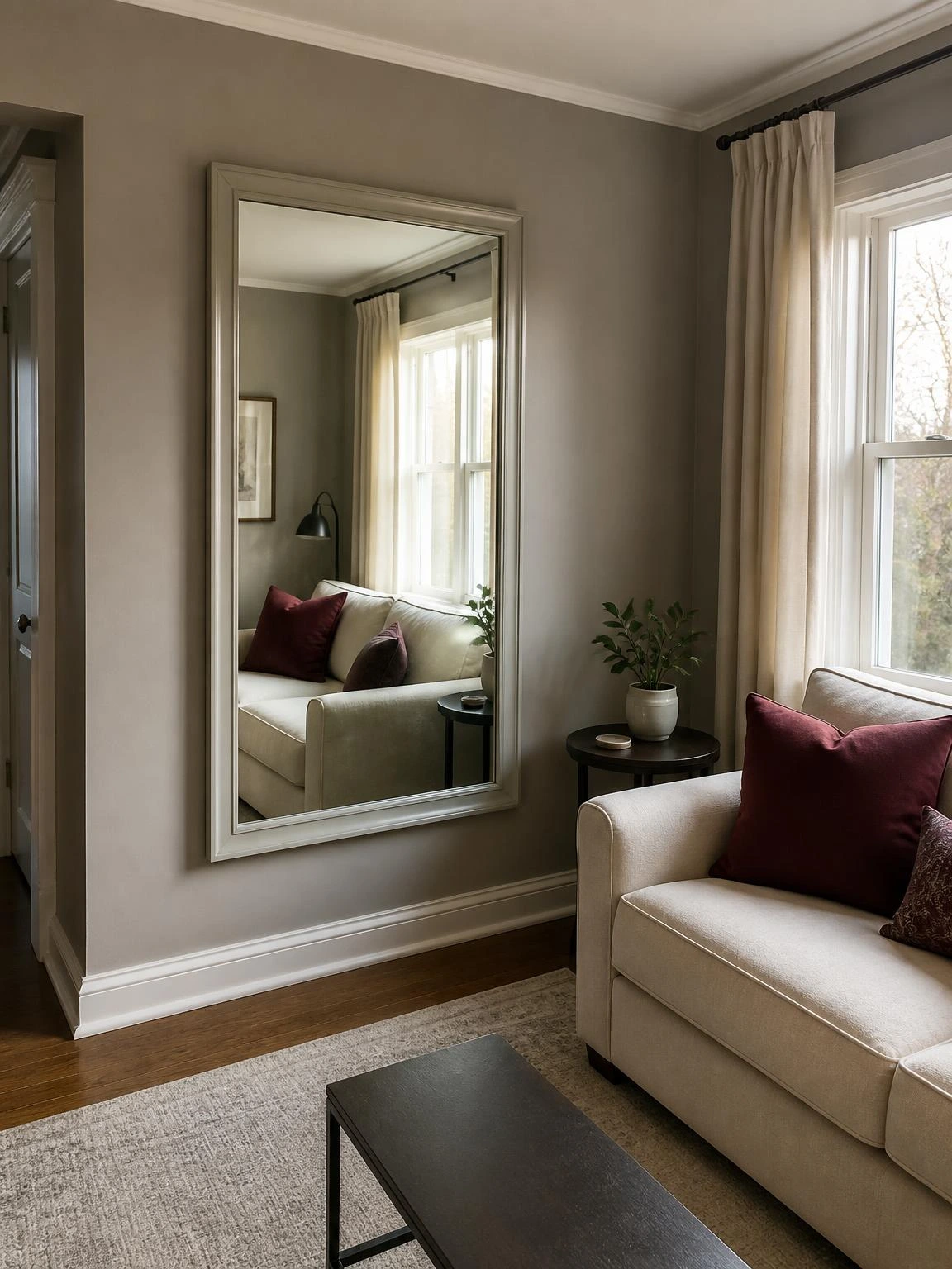 Large wall mirror opposite a window brightens a small living room, reflects the ivory sofa, and preserves a clear walking path.