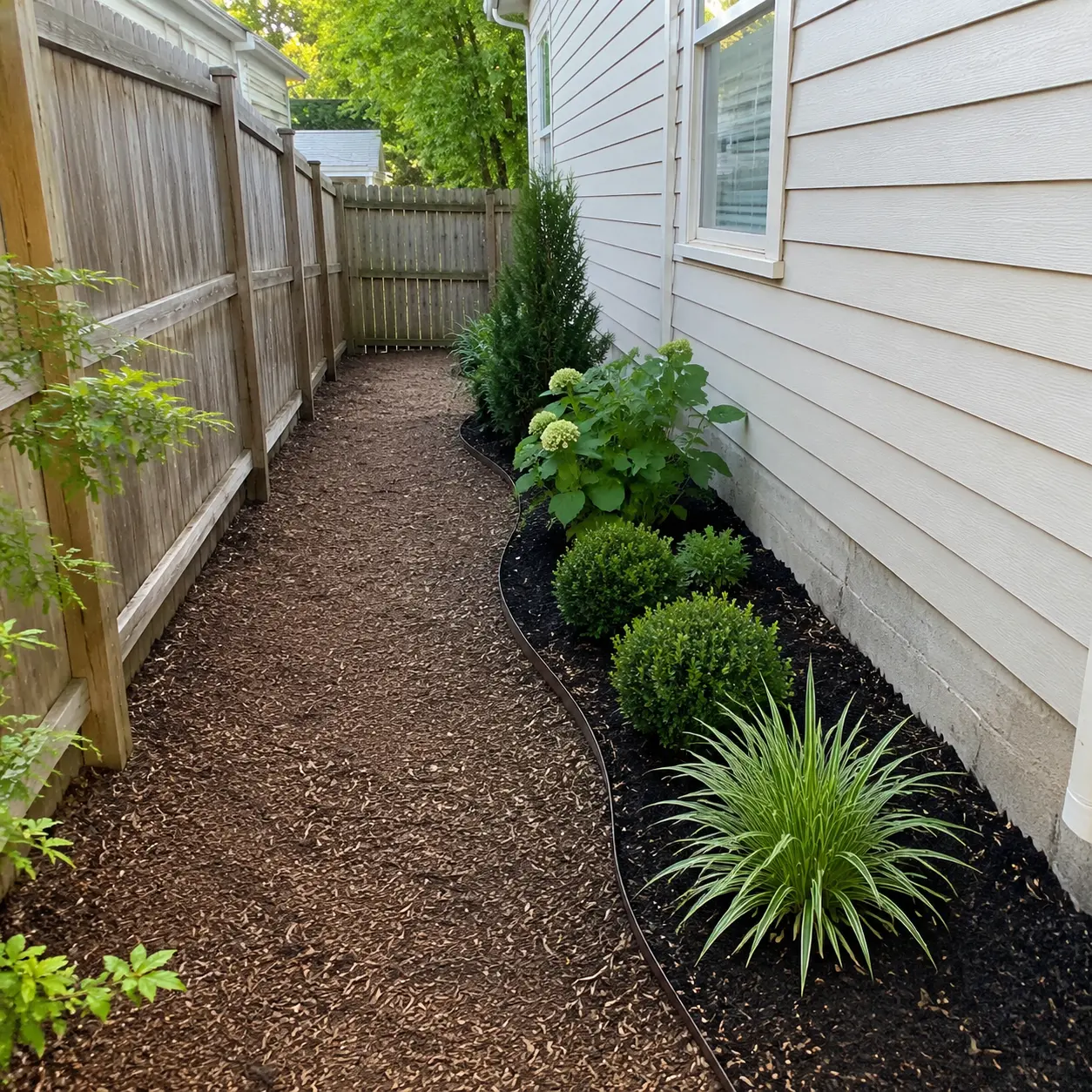 Mulched side garden with gently curved metal edging