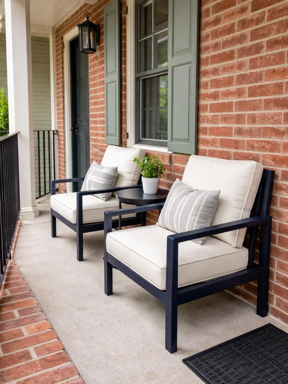 Front porch furniture arranged on a slim brick entry with two navy armchairs along the wall, keeping a clear path to the front door.
