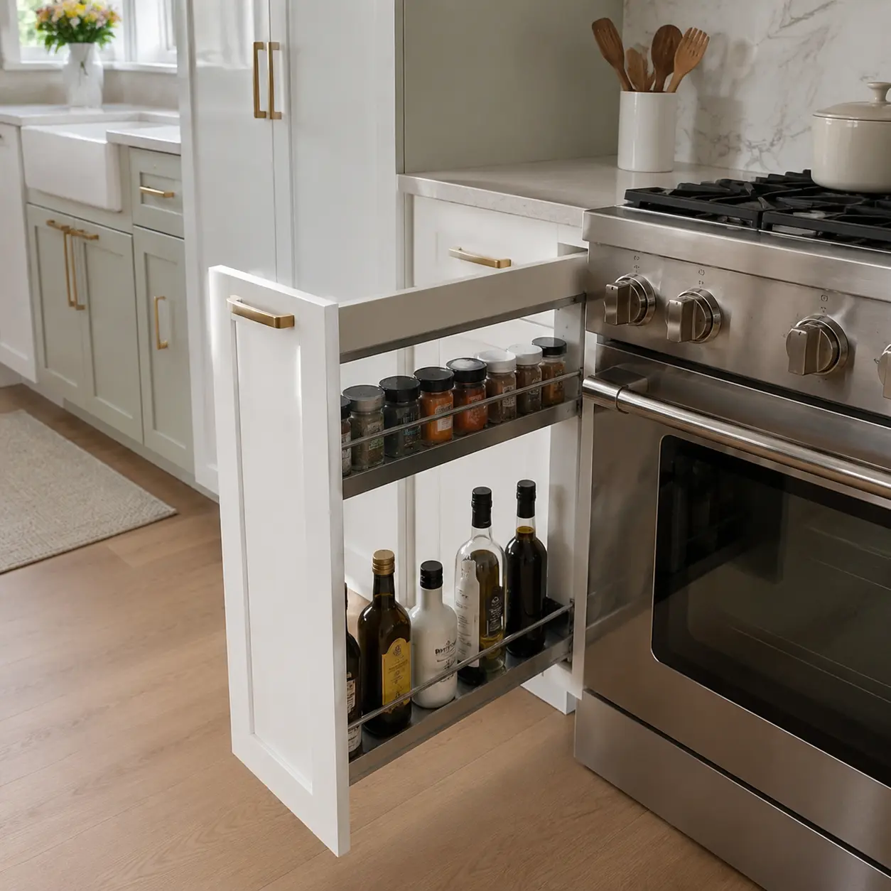 Narrow pull-out cabinet storing oils and spices beside a kitchen range