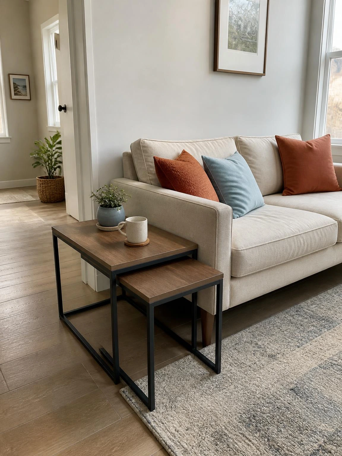 Nesting coffee tables beside a compact sofa keep the walkway clear in this small space living room, with one table pulled out for extra use