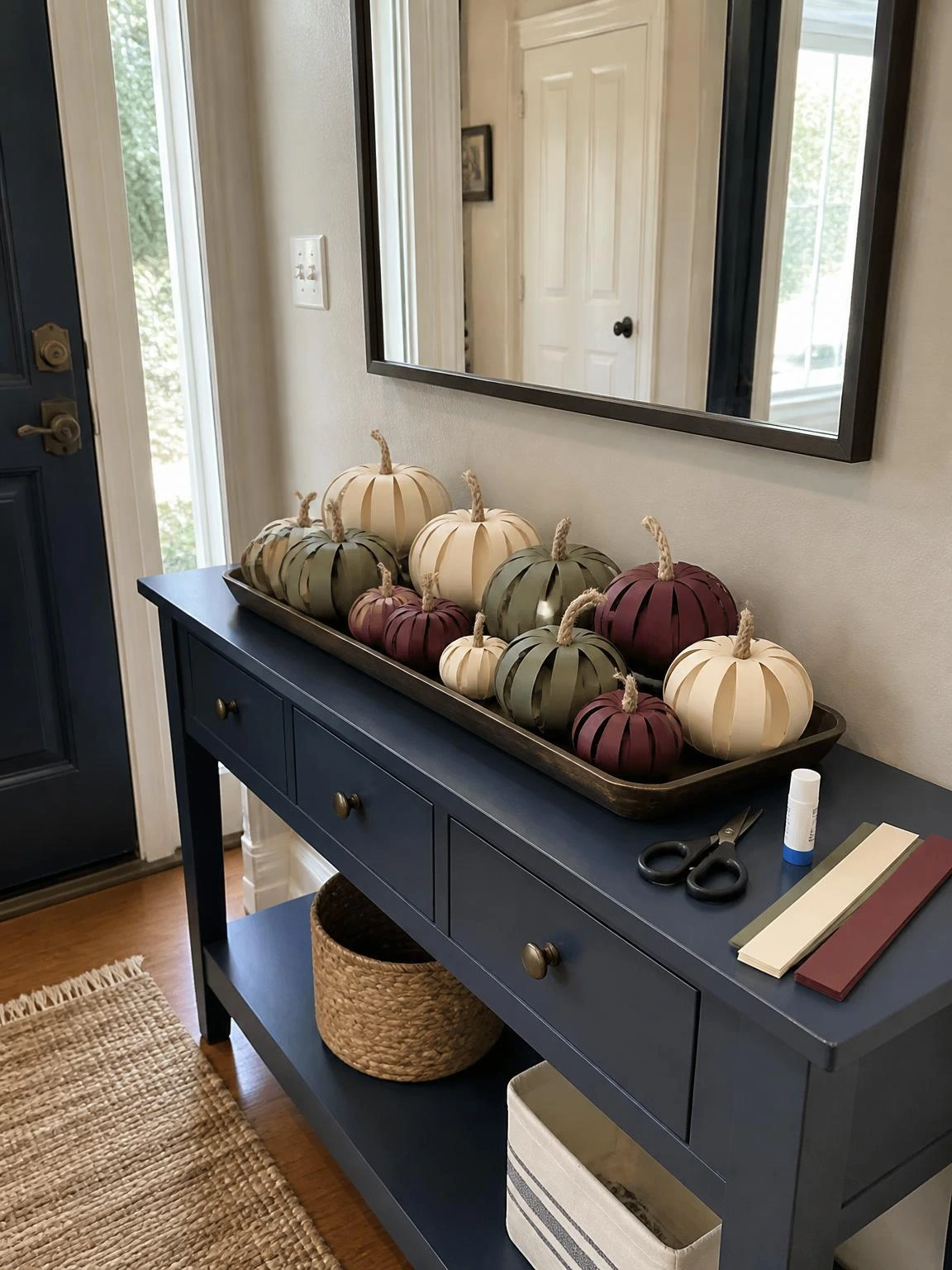 Painted paper pumpkins in ivory, green, and burgundy fill a console tray, showing a cheap DIY Halloween decorations method