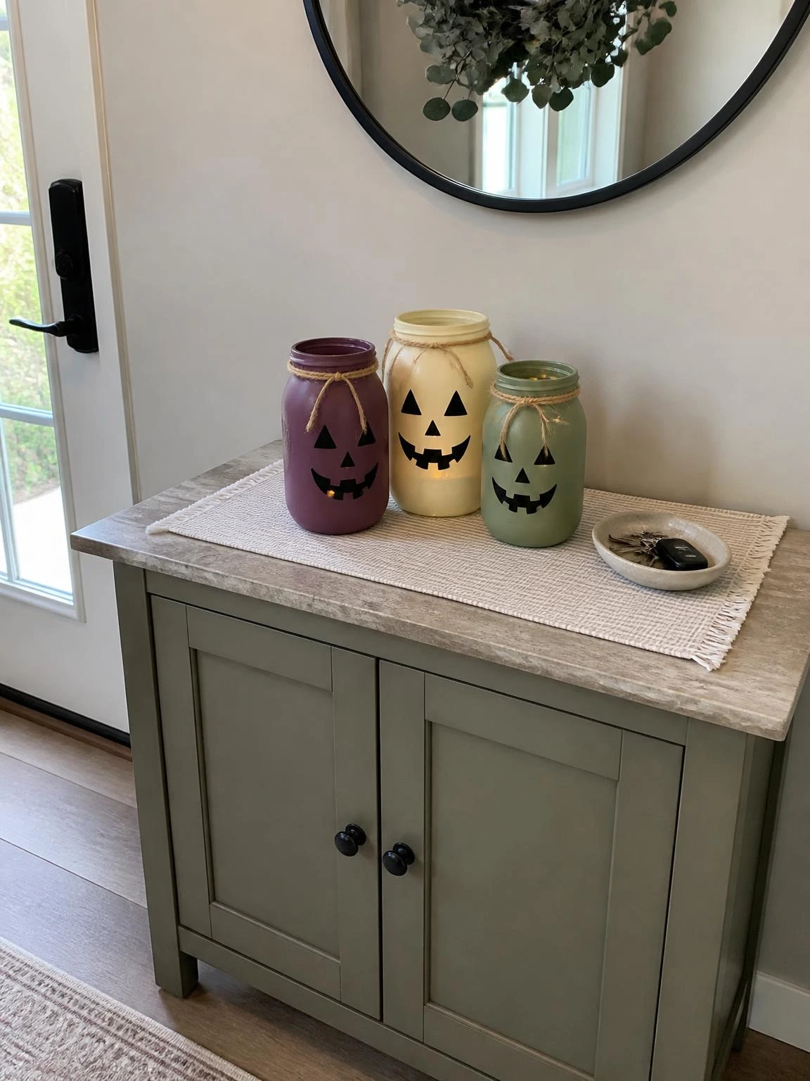 Three painted pumpkin jars in muted plum, ivory, and green brighten an entry cabinet for cheap DIY Halloween decorations indoor.