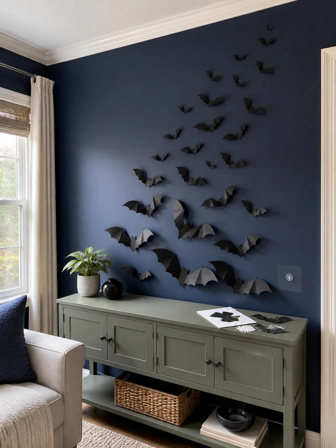 Rising black cardstock bats transform a navy wall above a green console in this cheap DIY Halloween decorations indoor idea