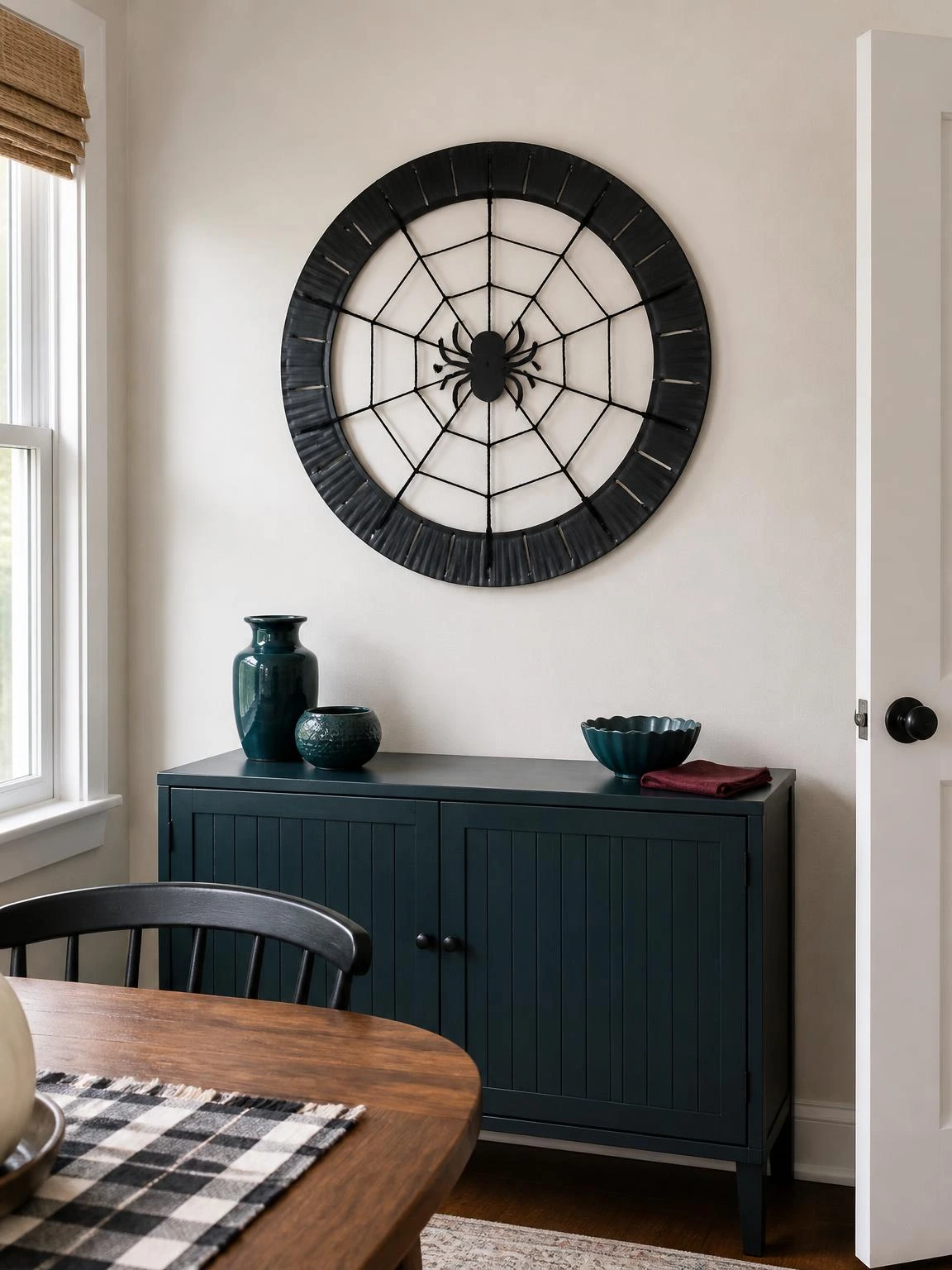 Black paper plate spider web with a centered paper spider above a sideboard, demonstrating cheap DIY Halloween decorations indoor