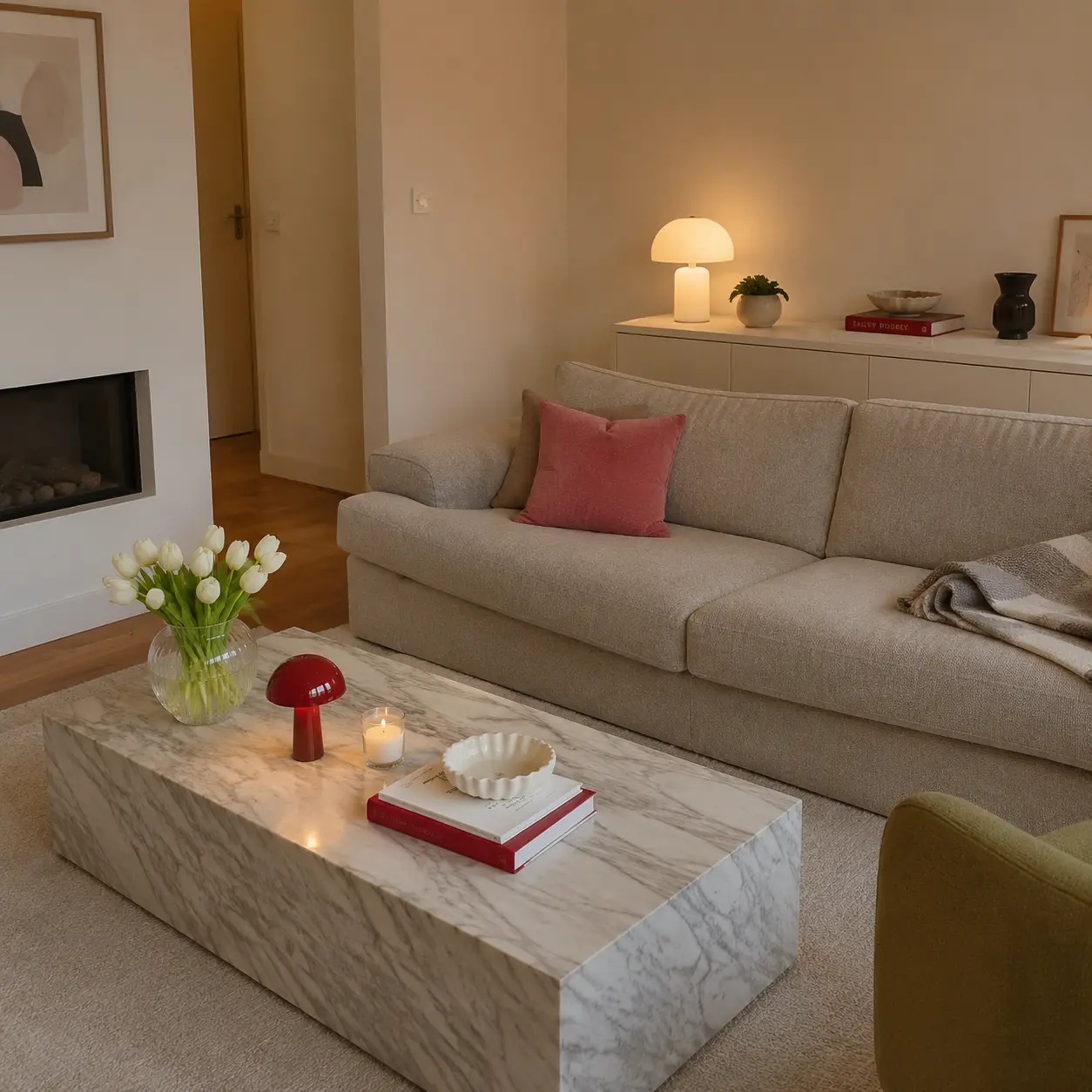 Living room decorated with restrained pink and cherry red accents