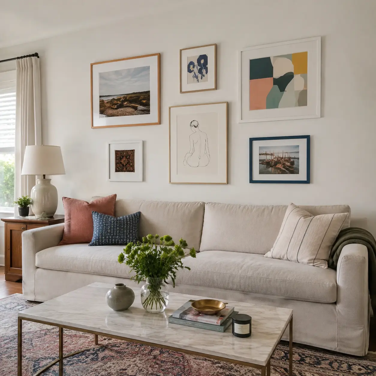 Playful mixed gallery wall arranged above a living room sofa