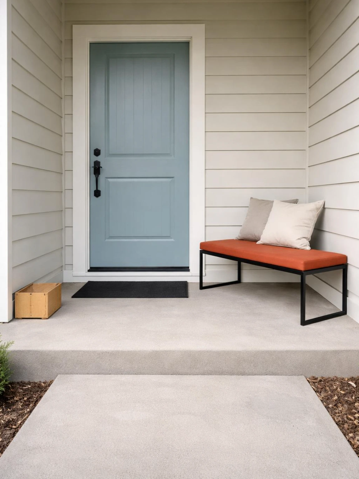 Front porch furniture idea with one metal bench and rust cushion opposite a soft blue door, keeping the concrete entry clear for easy daily flow.