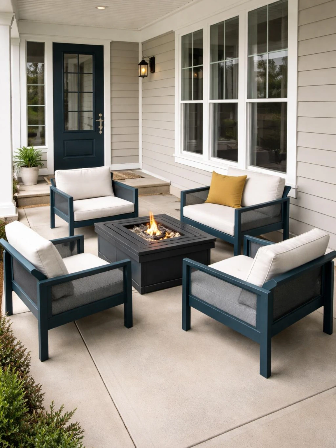 Front Porch Furniture layout with four deep teal chat chairs around a square fire-table-style coffee table, leaving a clear entry path.