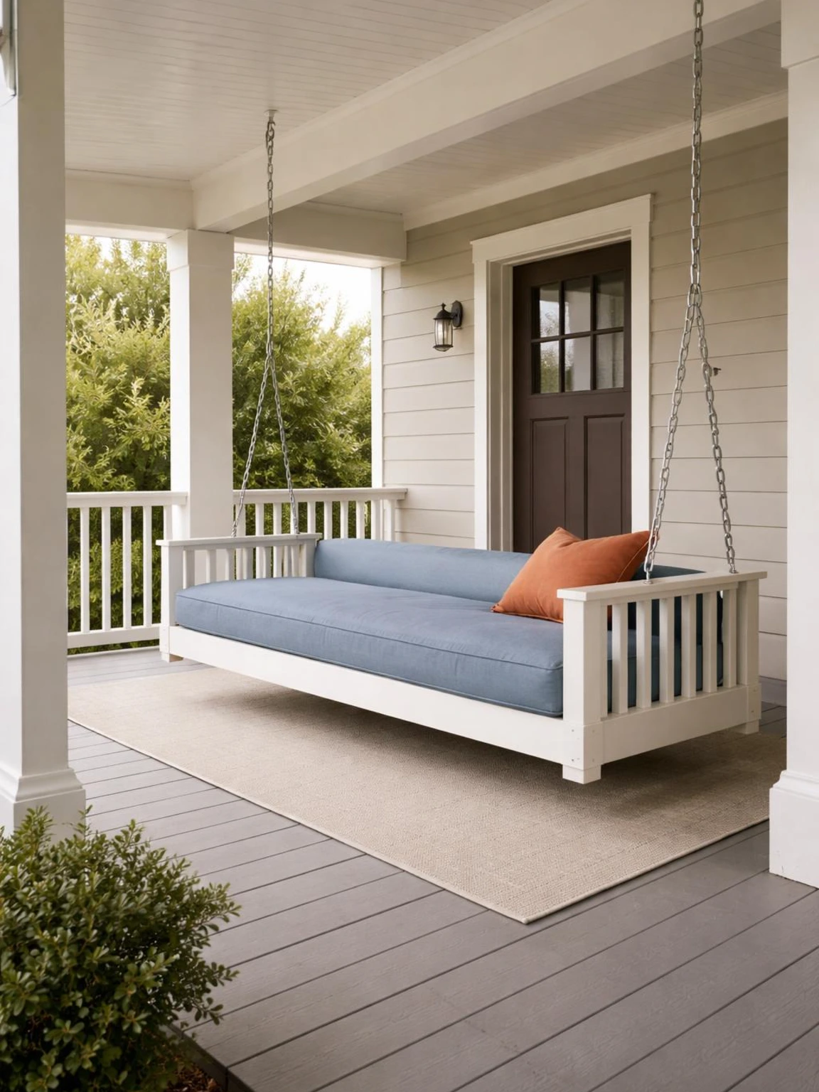 Front Porch Furniture focal point: a warm white daybed swing with dusty blue mattress and terracotta pillow on a deep farmhouse porch.