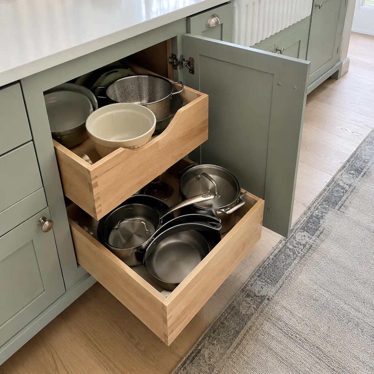 Full-extension pull-out drawers holding cookware inside a deep kitchen cabinet