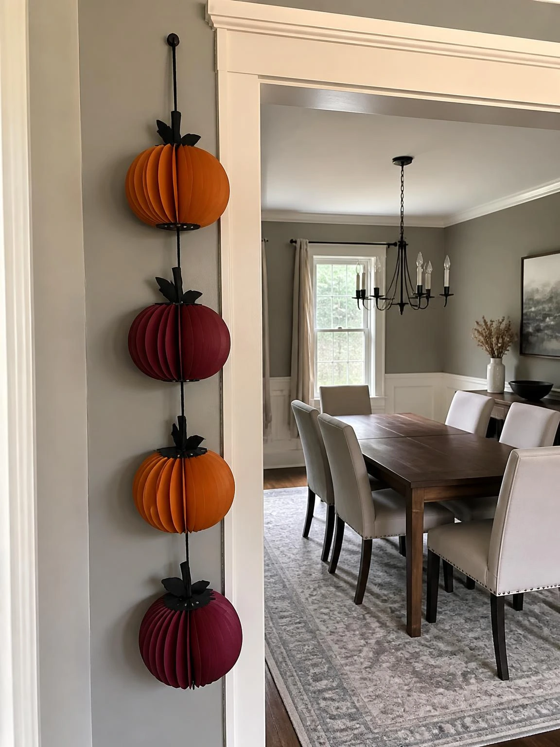 Orange and burgundy pumpkin paper lanterns hang beside an ivory dining doorway, showing an easy cheap DIY Halloween decorations idea.