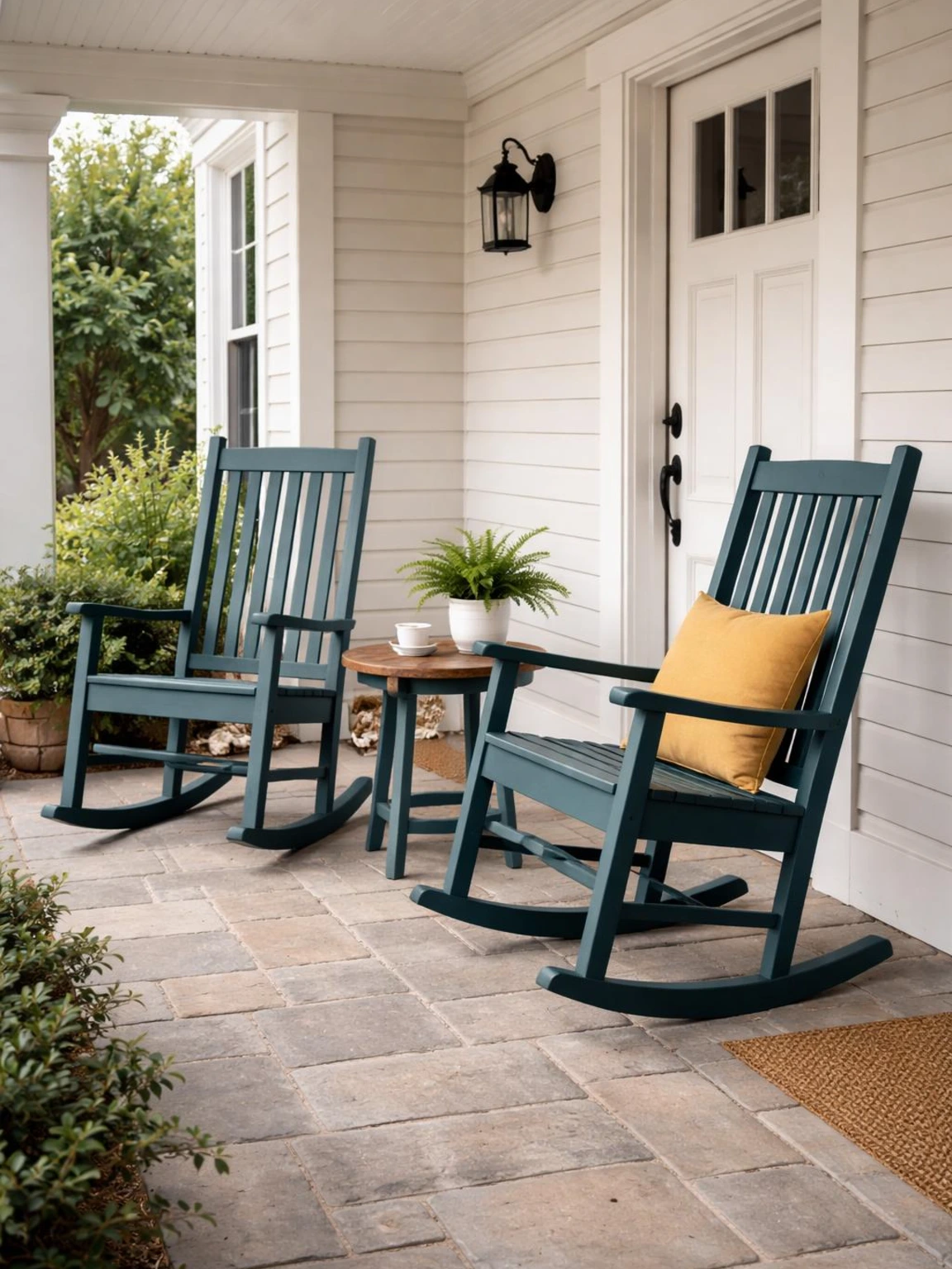 Pair of front porch furniture rockers in deep teal by a warm white door, with a shared table, mustard cushion, and stone pavers.