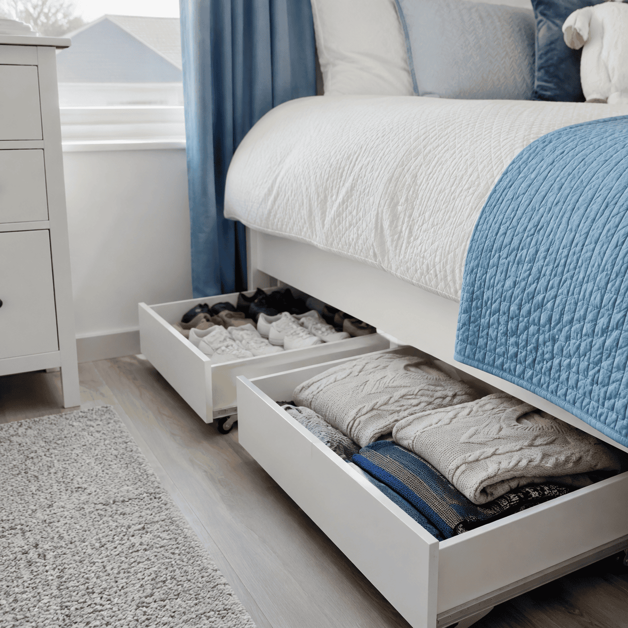 Rolling drawers under a bed storing shoes and folded clothes