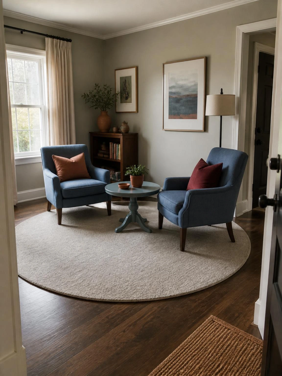 Round rug in a compact living room connects two chairs while keeping a clear walking path to the entry.