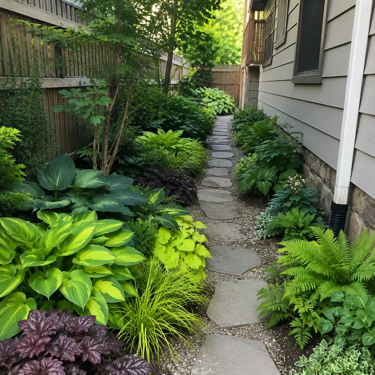 Hostas ferns and shade loving plants in a narrow side yard
