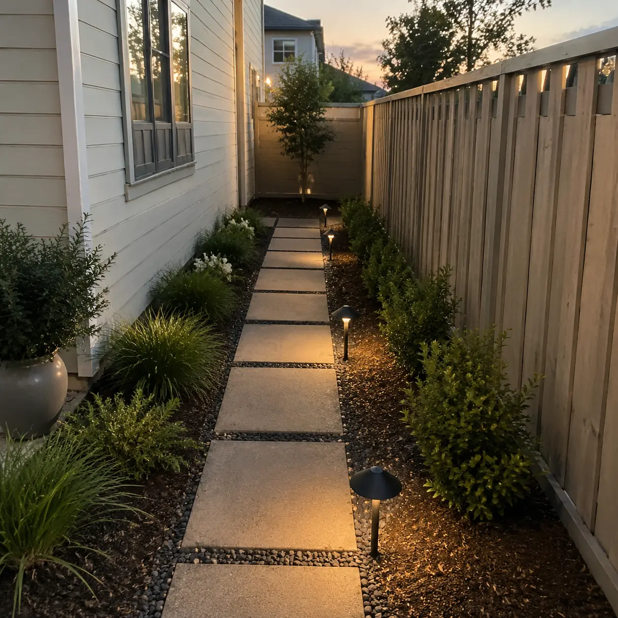 Warm path lights illuminating stepping stones in a side yard