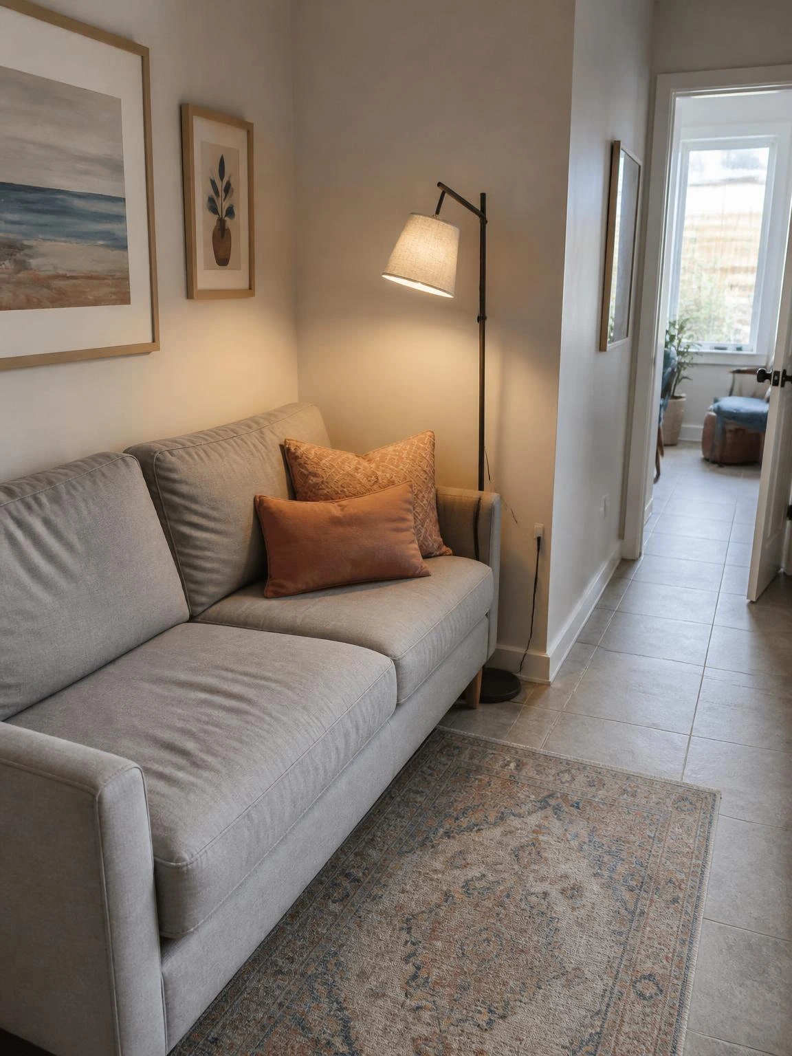 Slim floor lamp tucked behind a warm gray sofa in a narrow living room, keeping the walkway clear while lighting a compact reading seat
