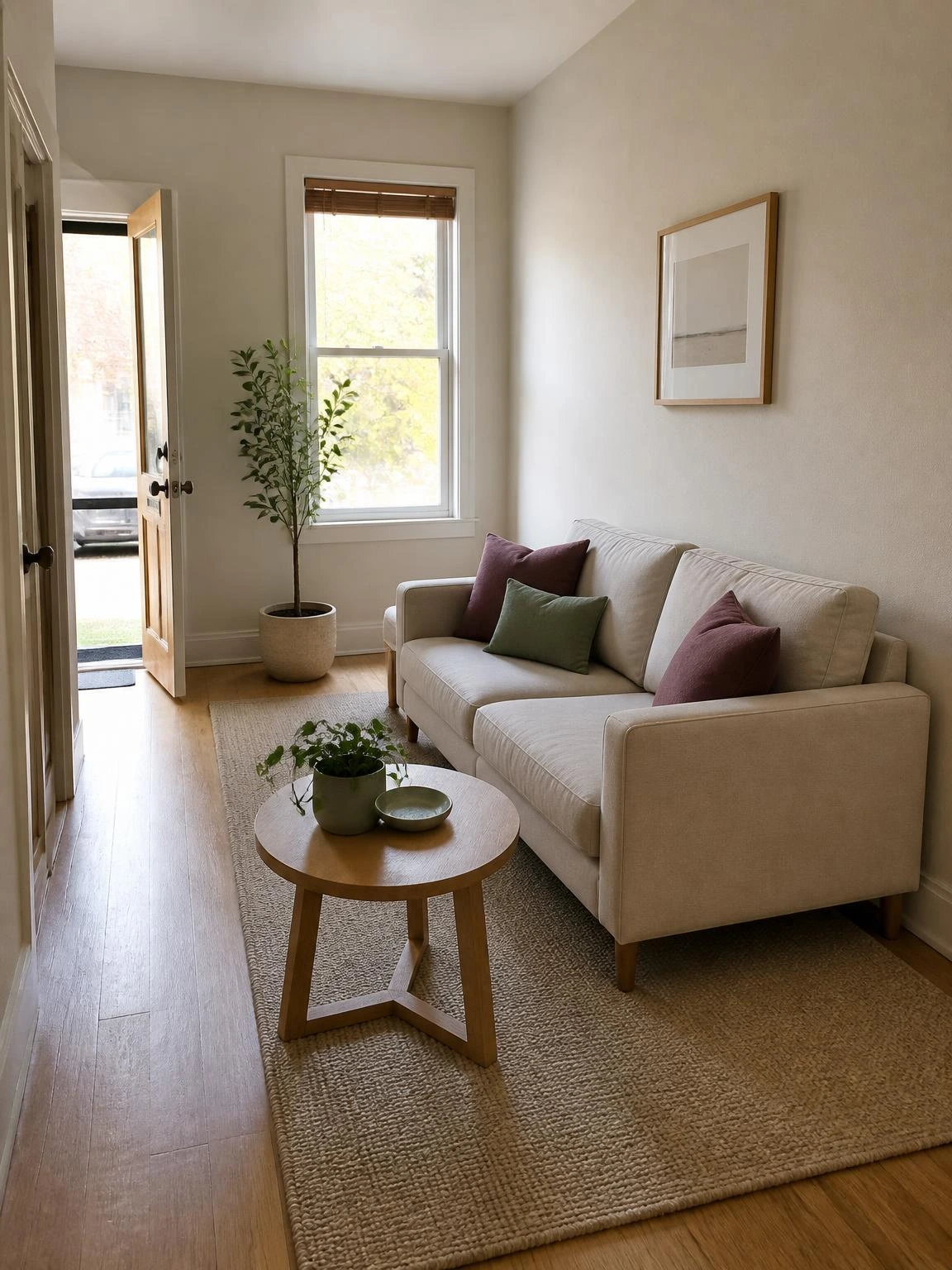 Compact two-seat sofa in a narrow living room leaves a clear walkway to the window, showing a practical slim sofa layout
