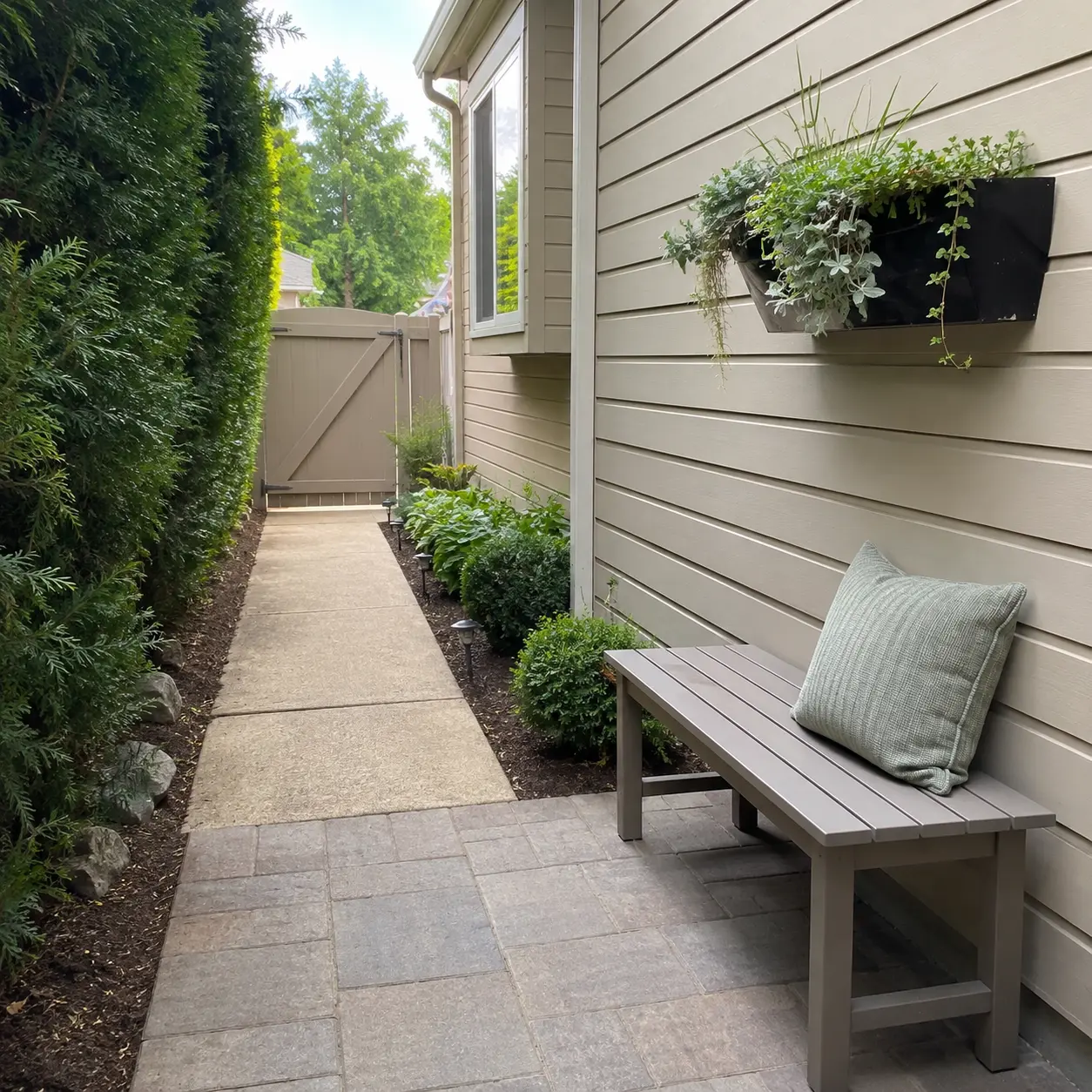Small bench and wall planter at a side garden entrance
