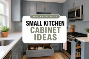 Small kitchen with organized blue-gray cabinets and a centered Pretty Home Hacks title card