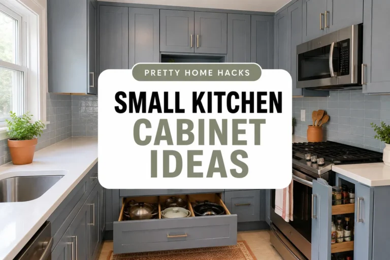 Small kitchen with organized blue-gray cabinets and a centered Pretty Home Hacks title card