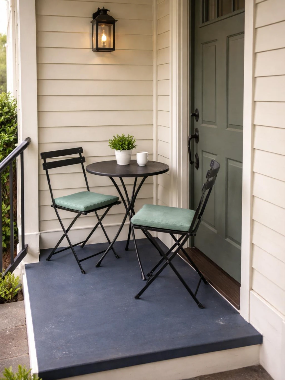 Small porch bistro set beside a townhouse entry door shows space-saving front porch furniture with a clear path, navy floor, and green cushions.