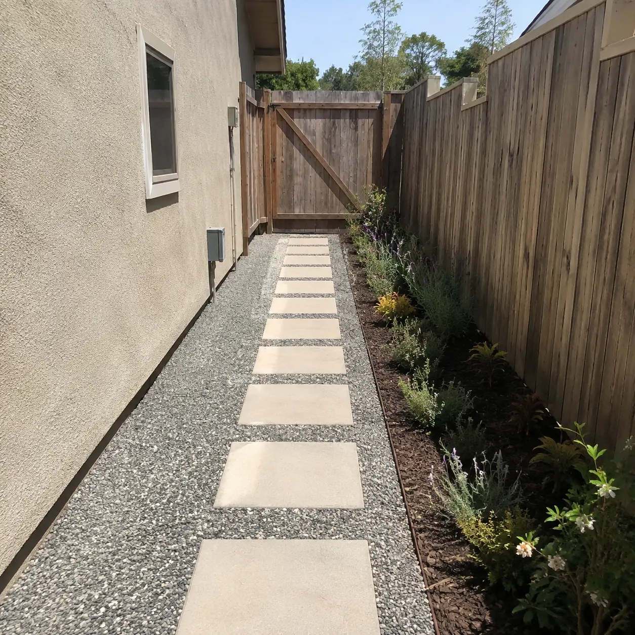 Stepping stone path through a narrow side yard beside a house