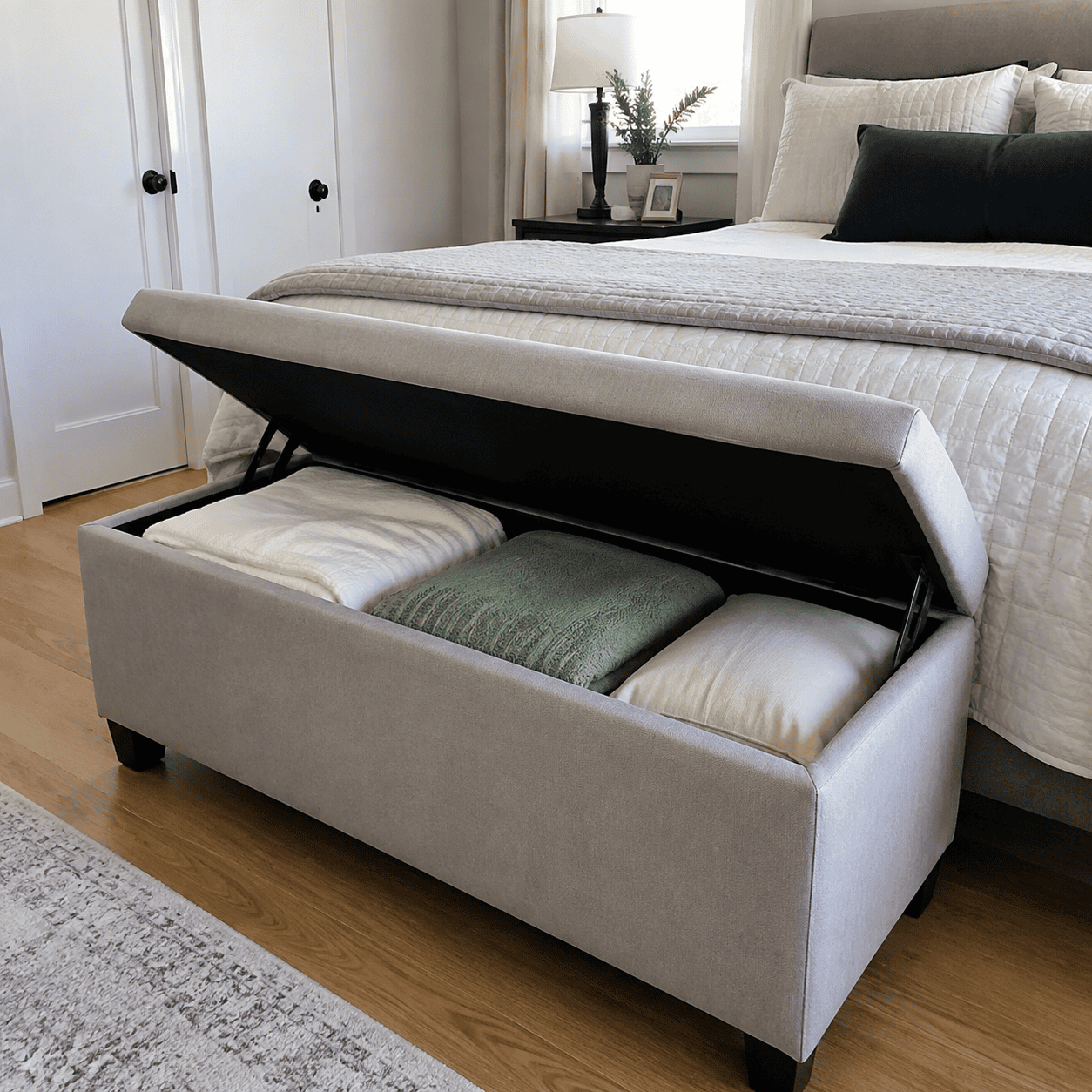 Upholstered storage bench at the end of a bed