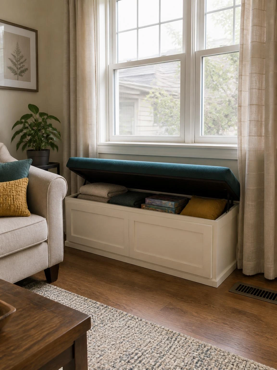 Low deep teal storage bench beneath a broad window, with its lift-up seat revealing blankets and games while keeping the radiator clear.