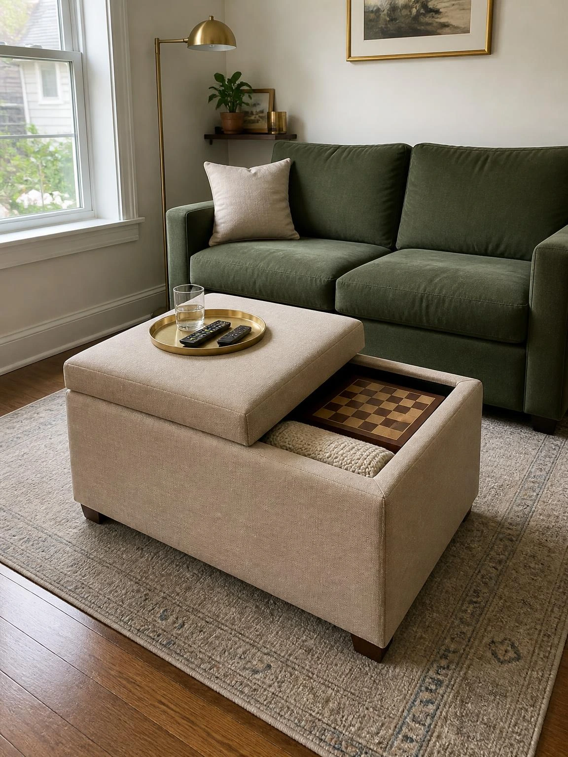 Storage ottoman coffee table with an open lid revealing throws and a board game in a small living room