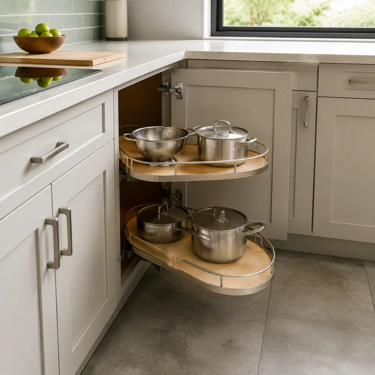 Swing-out shelves bringing cookware out of a corner kitchen cabinet
