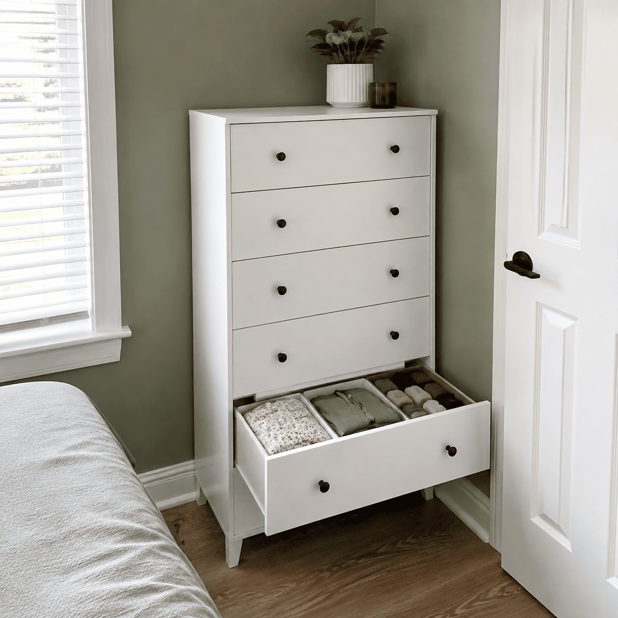 Tall bedroom dresser with deep organized drawers