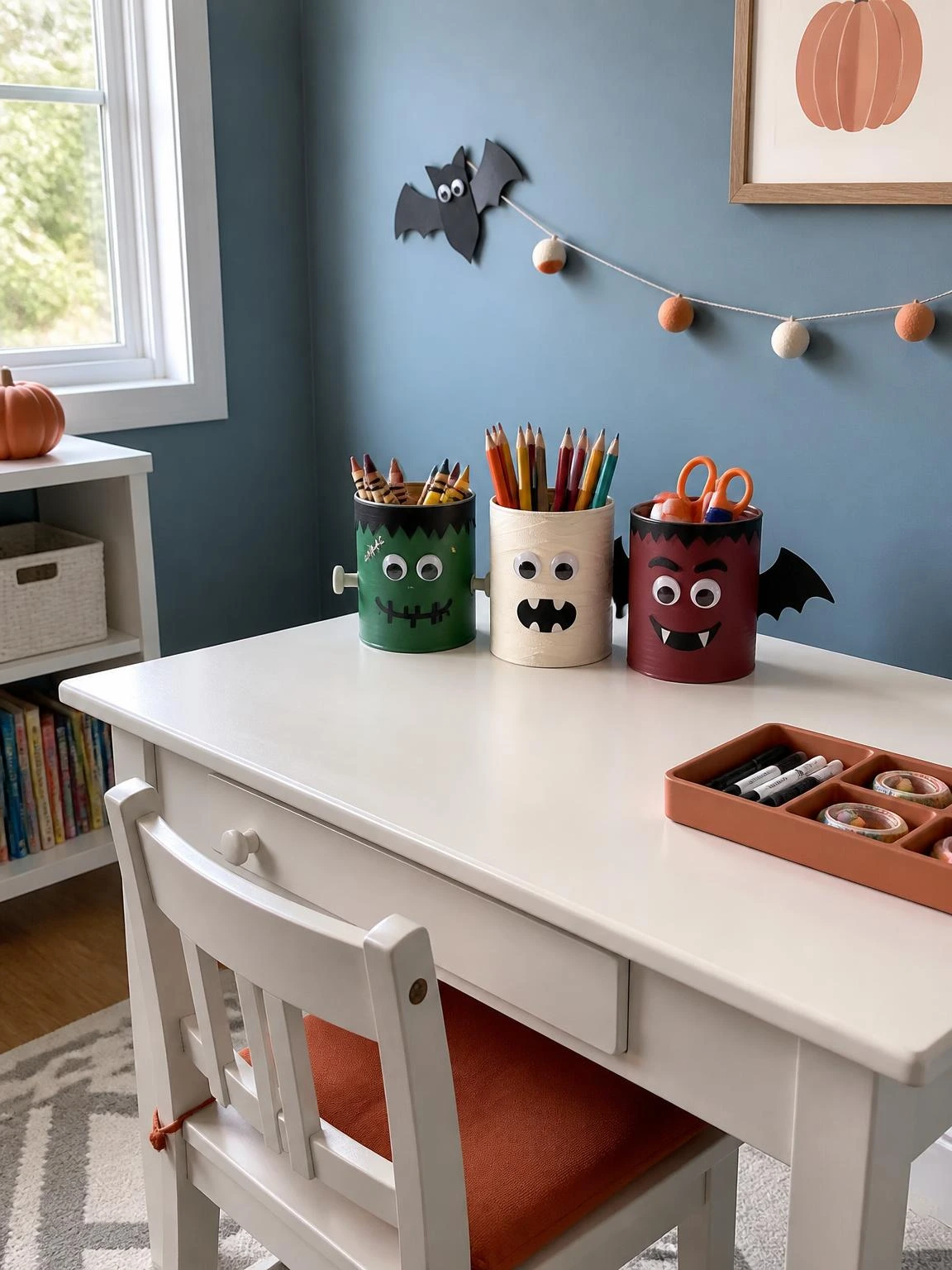 Three painted tin can monster cups organize crayons and craft tools on a tidy child’s desk for cheap DIY Halloween decorations indoor.