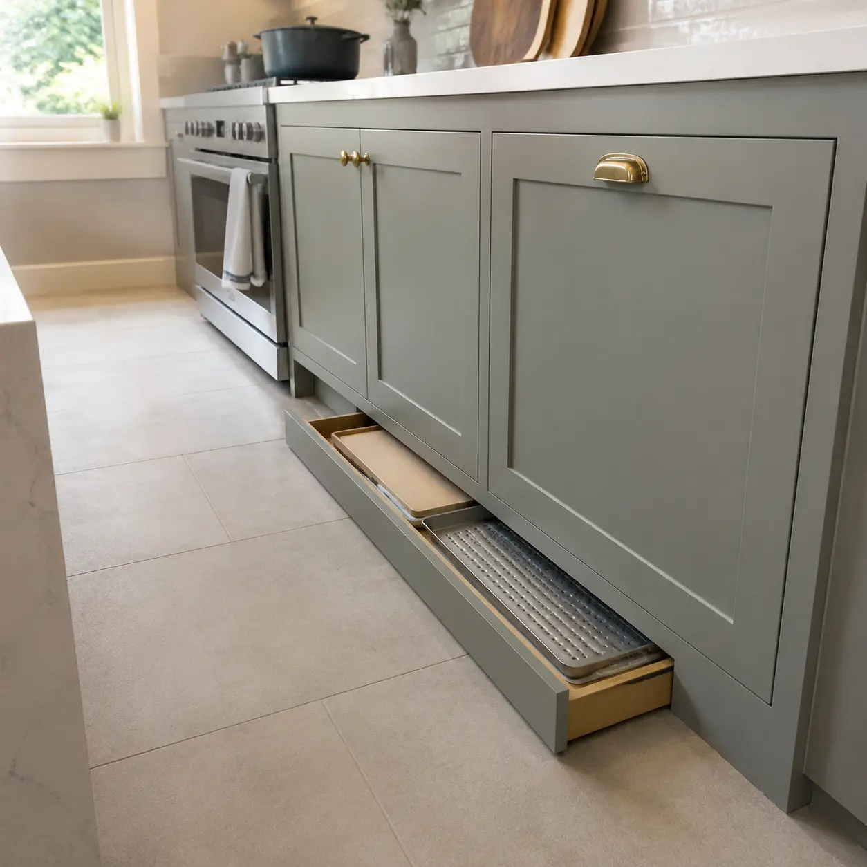 Low toe-kick drawer storing flat items beneath small kitchen cabinets
