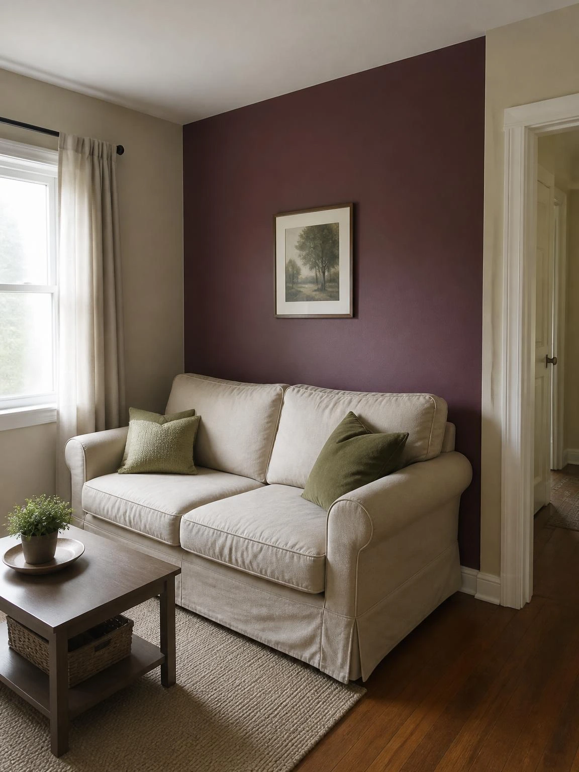 Compact living room with a muted plum two-tone wall zoning the sofa, stone walls, and clear circulation space for small space living room ideas