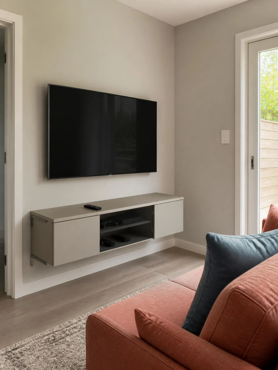 Wall-mounted TV storage on a short wall keeps electronics enclosed while preserving floor space and a clear walking path in this small living room.
