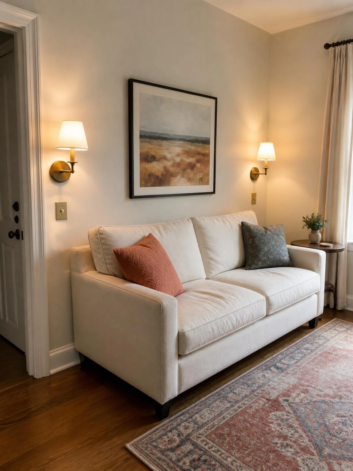 Pair of wall sconces beside an ivory sofa in a compact living room, freeing floor space and keeping circulation clear.