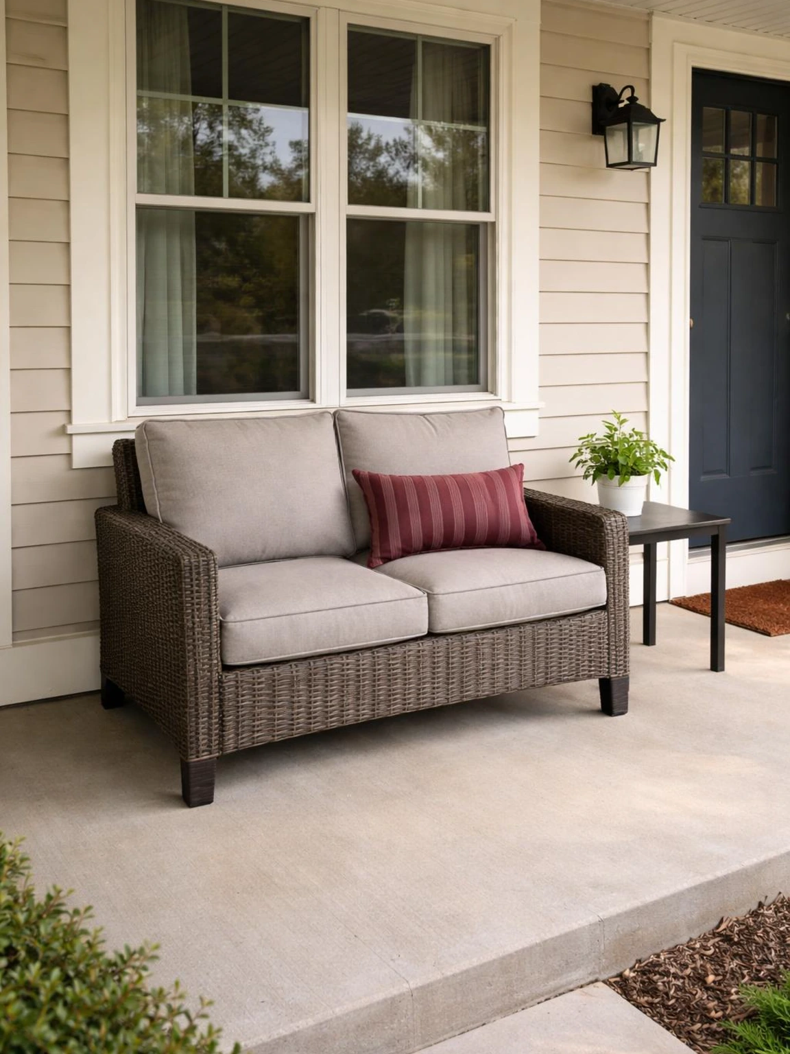 Resin wicker-look loveseat centered under a front window on a covered front porch, showing an easy front porch furniture layout that keeps the door path open.