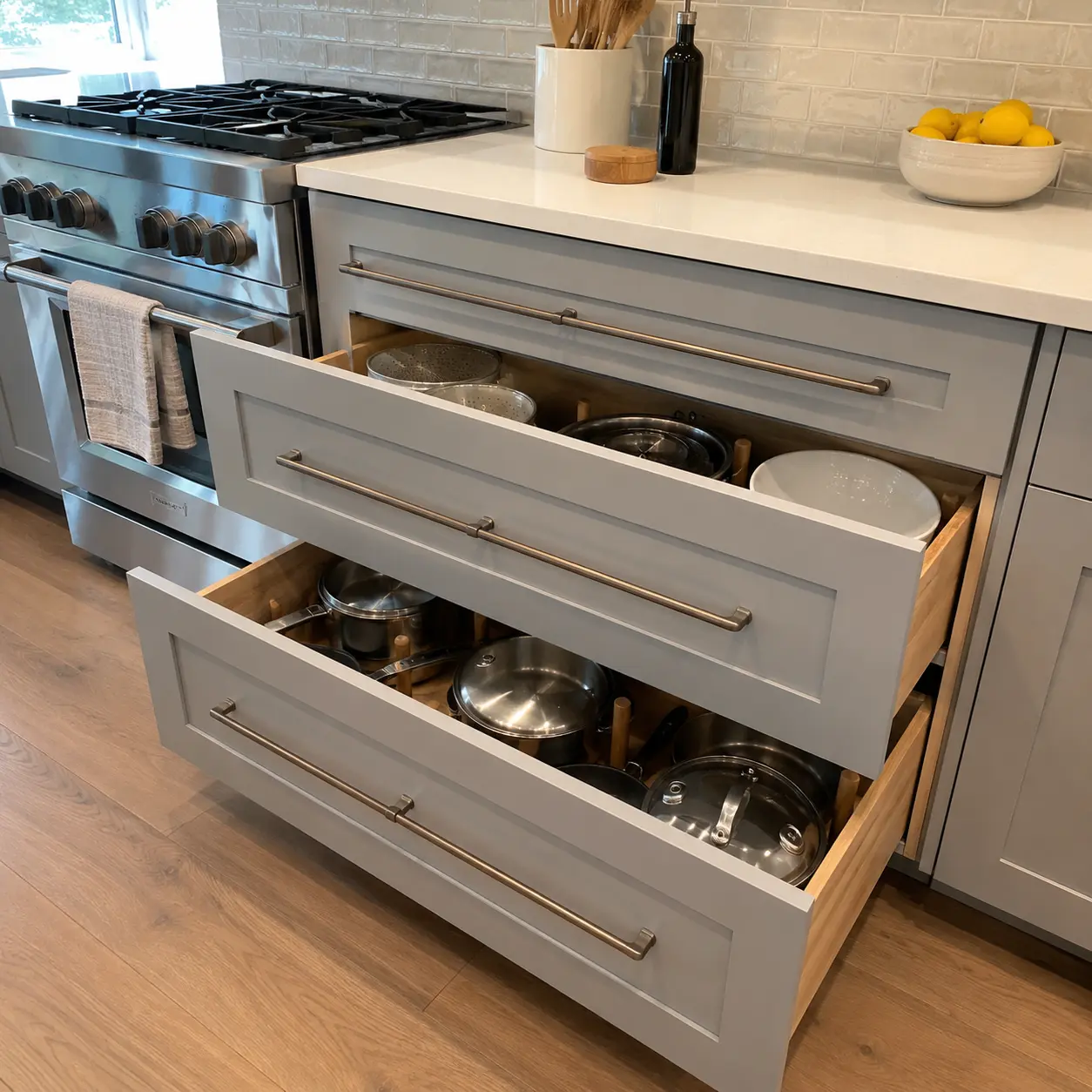 Wide base cabinet drawers organizing pots, pans, bowls, and lids